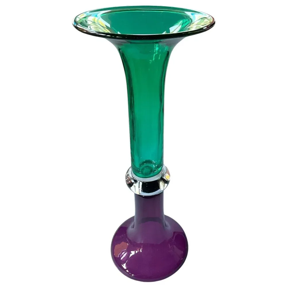 Purple Green Double Trumpet Art Glass Vase‎ Cylindrical Eclectic Contemporary